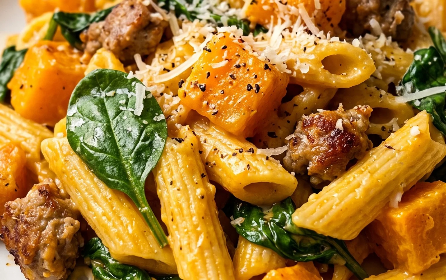 Creamy Roasted Butternut Squash Pasta with Sausage and Spinach